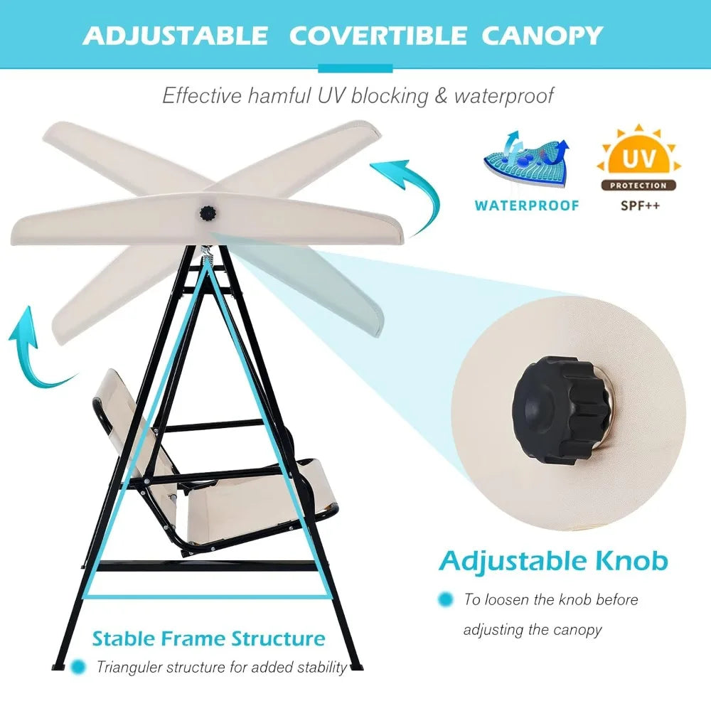 Outdoor Patio Swing Chair for Adults, 2-Seat Porch Swings with Adjustable Canopy, Outside Swing Bench with, Customized