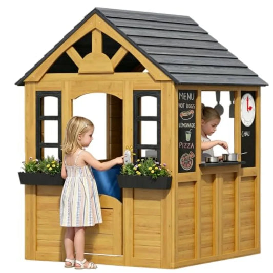 Outdoor Wooden Playhouse For Toddlers Aged 3-8: Natural Wood, Beige-Brown Finish, With Play Kitchen, Snack Bar, Pet Door, Black