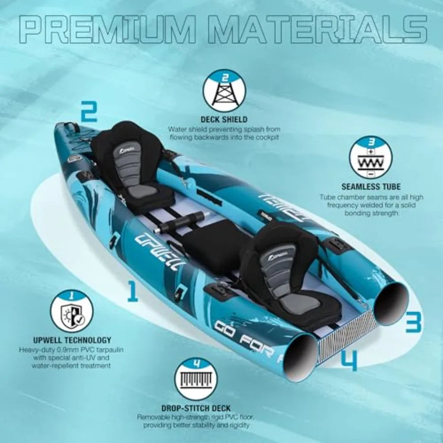 11'14'6 Inflatable Kayak with Drop Stitch Floor in Blue and Gray Includes Kayak Seat with Thickened Cushion Paddle Fin Repair Kit