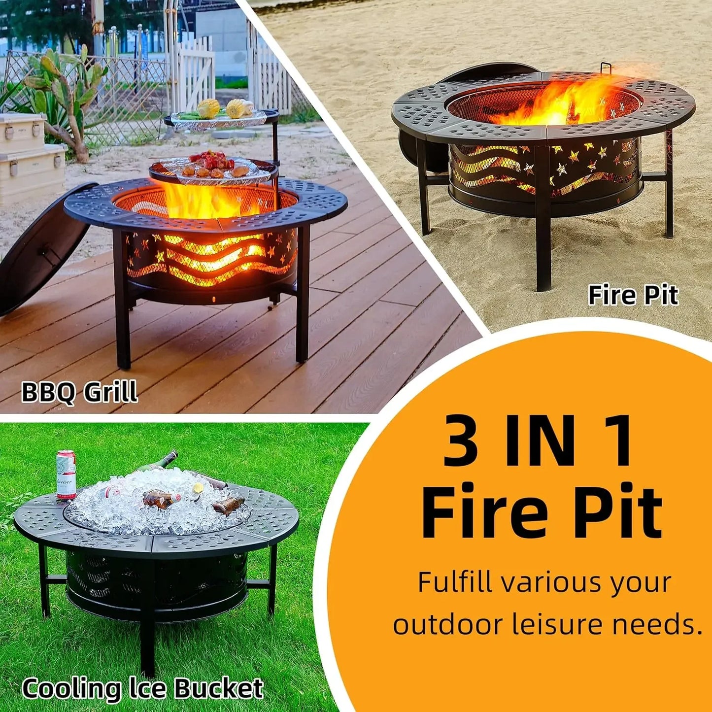 42" Outdoor Fire Pit with 2 Grills - Wood Burning Firepit for Outside with Cover & Poker, Heavy Duty Metal Fire Pit Large Round