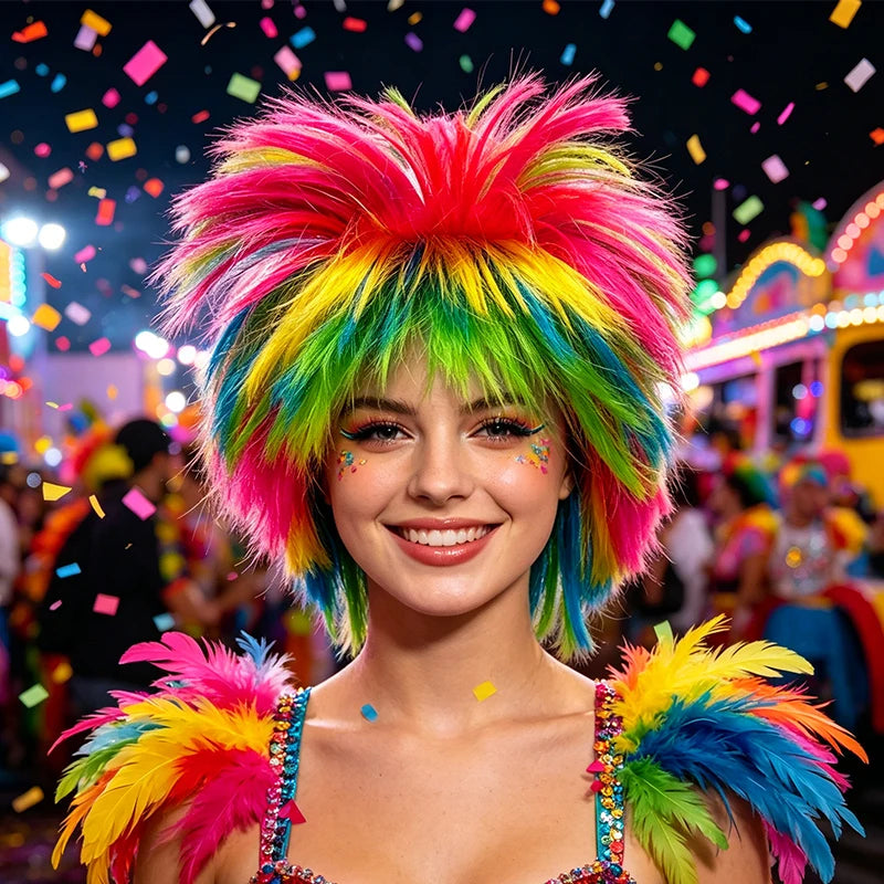 Rainbow Spiky Wig Synthetic Short Fluffy Messy Punk Rock Multi Color Costume Wig Halloween Cosplay Party Carnival 80s Retro