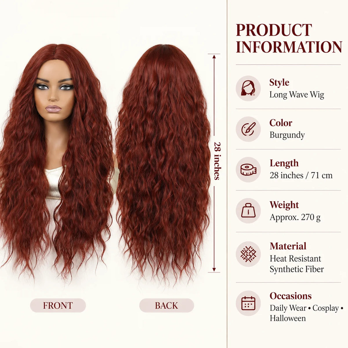 TopShe 28 Inch Burgundy Long Wavy Synthetic Wig for Women Heat Resistant Dark Red Wine Red Center Part Bouncy Curly Hair Wigs Natural Looking Soft Hairpiece Daily Wear Cosplay Costume Halloween Party Festival Gift
