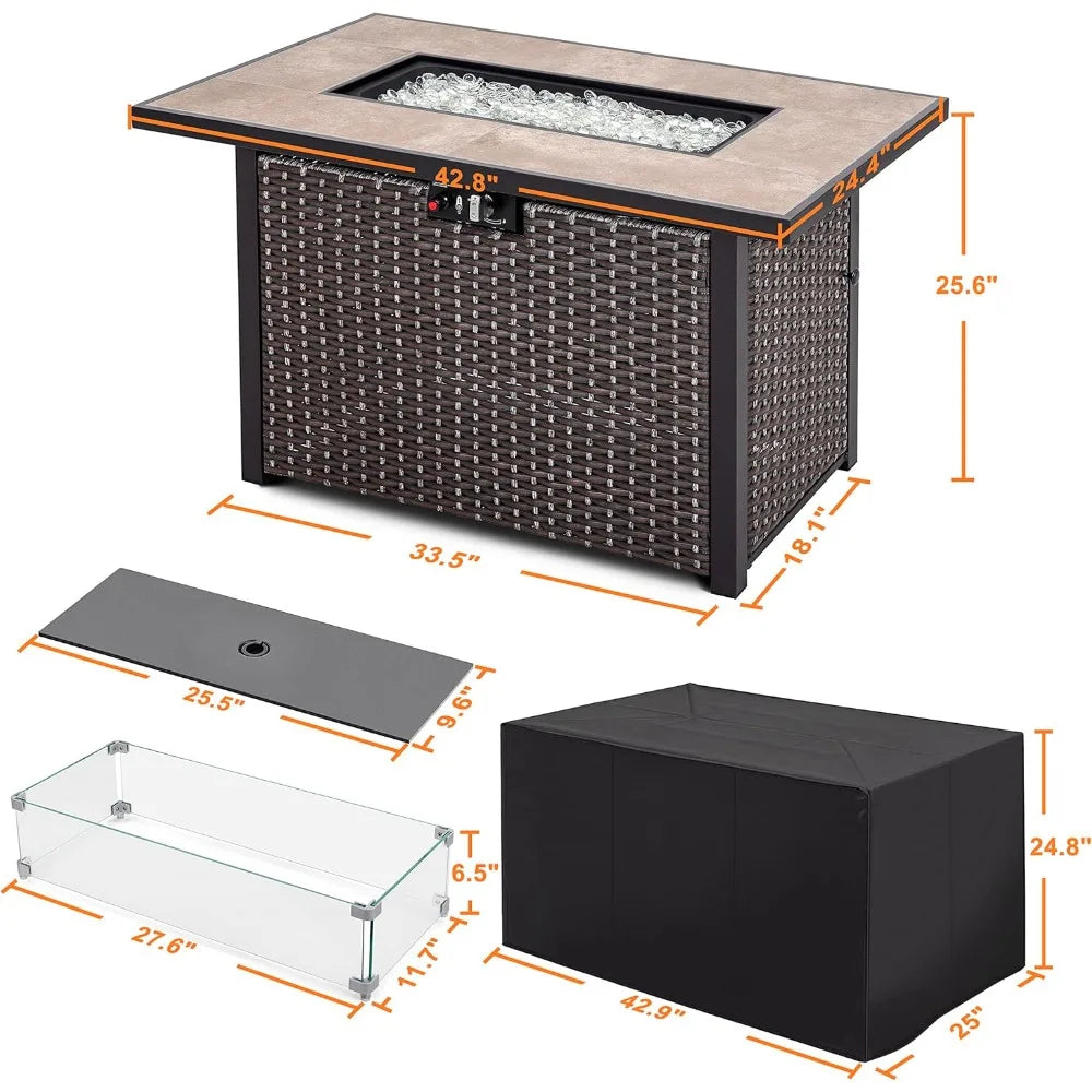 Nuu Garden Outdoor 43" 50,000 BTU Propane Gas Fire Pit Table, Ceramic Tabletop and Rattan Weaved Iron Frame, Water-Proof Oxford