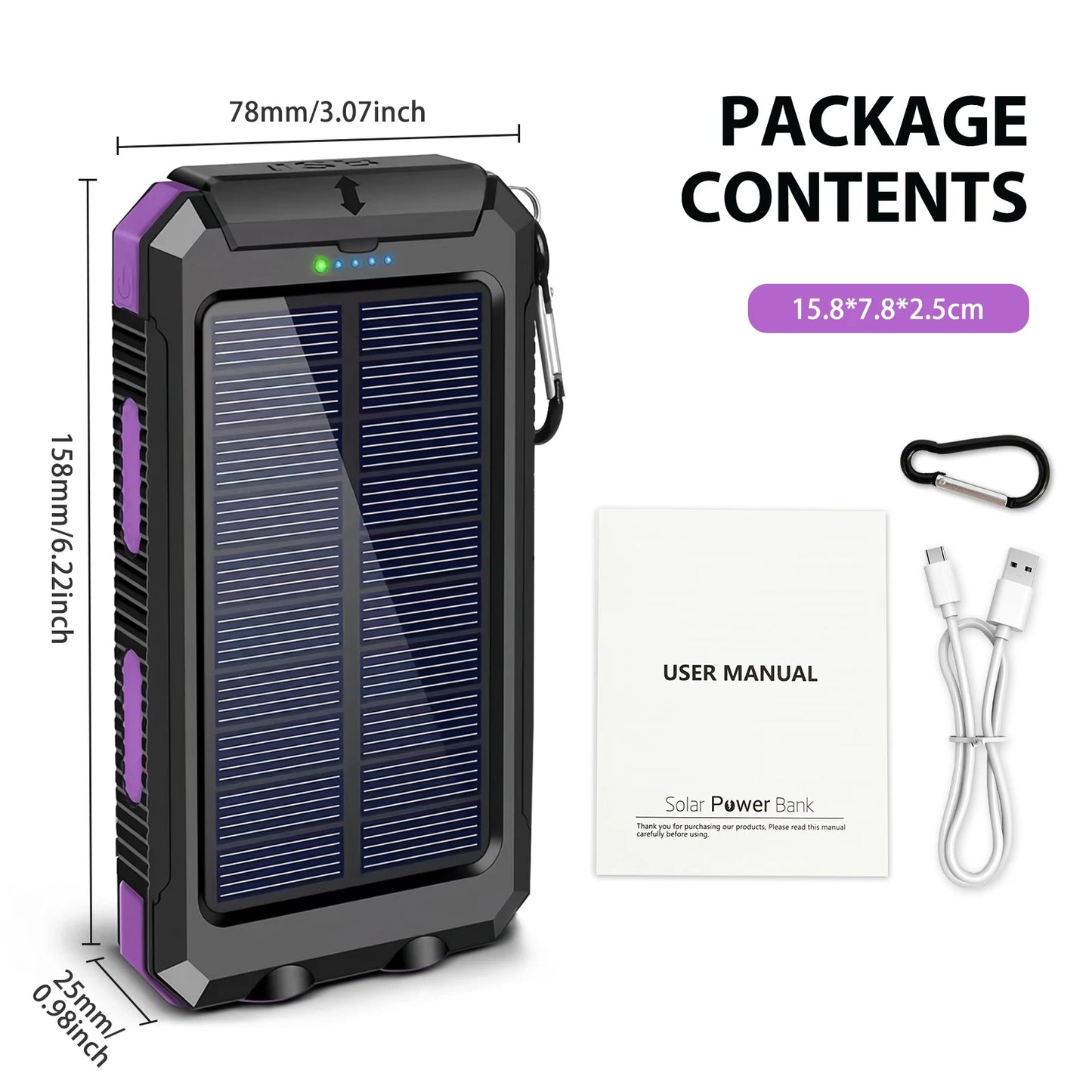 30000mAh Solar Power Bank Portable Dual 5V USB Ports 2 LED Light Flashlight Fast Charging for iPhone Samsung Tablets