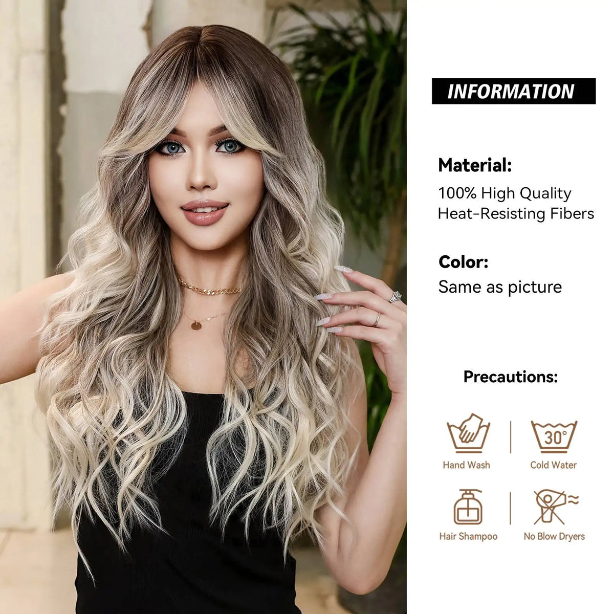 Halloween Wig TopShe Long Ombre Grey Ash Blonde Wavy Curly Synthetic Wig with Bangs Dark Roots Silver Blonde Heat Resistant Hair Wigs for Women Cosplay Costume Party Daily Wear Natural Looking Soft Full Hairpieces Fancy Dress