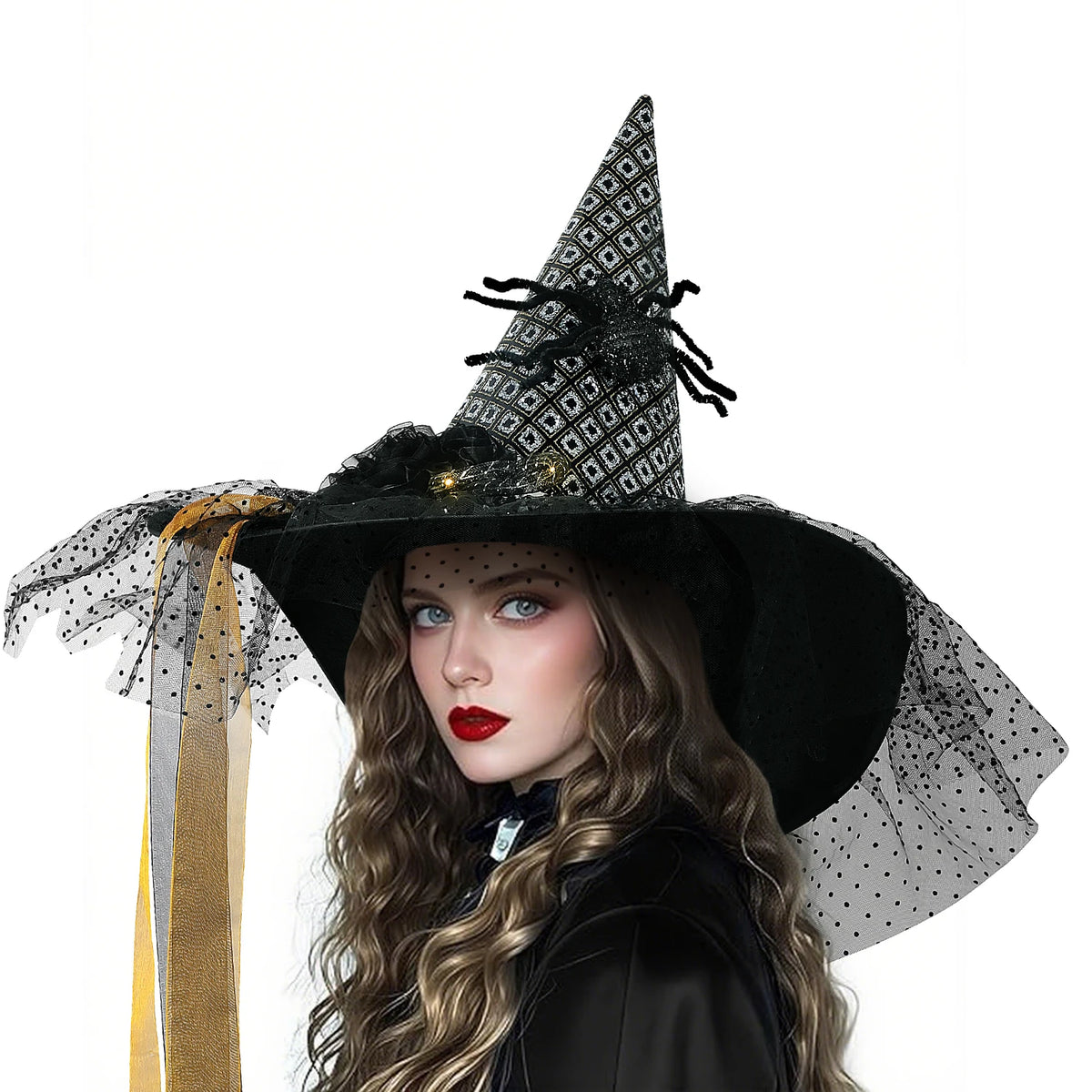Women Halloween Witch Hat, 6 Styles Black Orange Purple Pointed Witch Hats with Spider Web Lace, Flower, Feather and LED Light Decor, Halloween Party Cosplay Costume Accessory
