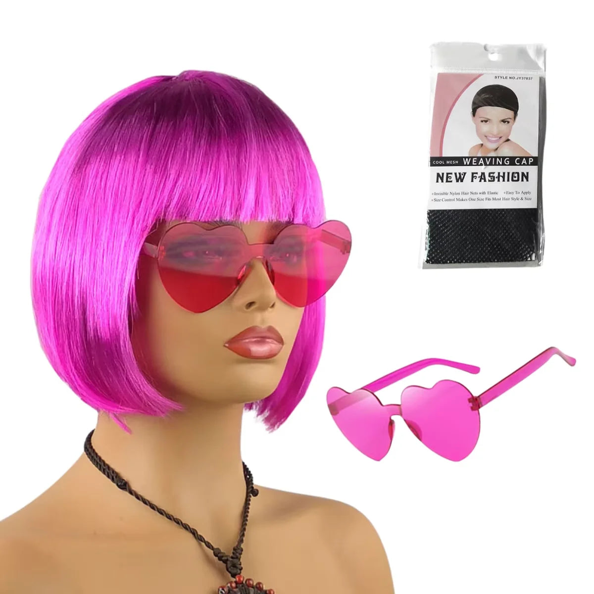 Hot Pink Bob Wig Synthetic Short Straight Bangs Heart Sunglasses Wig Cap Set Halloween Cosplay Costume Party Disco Bachelorette