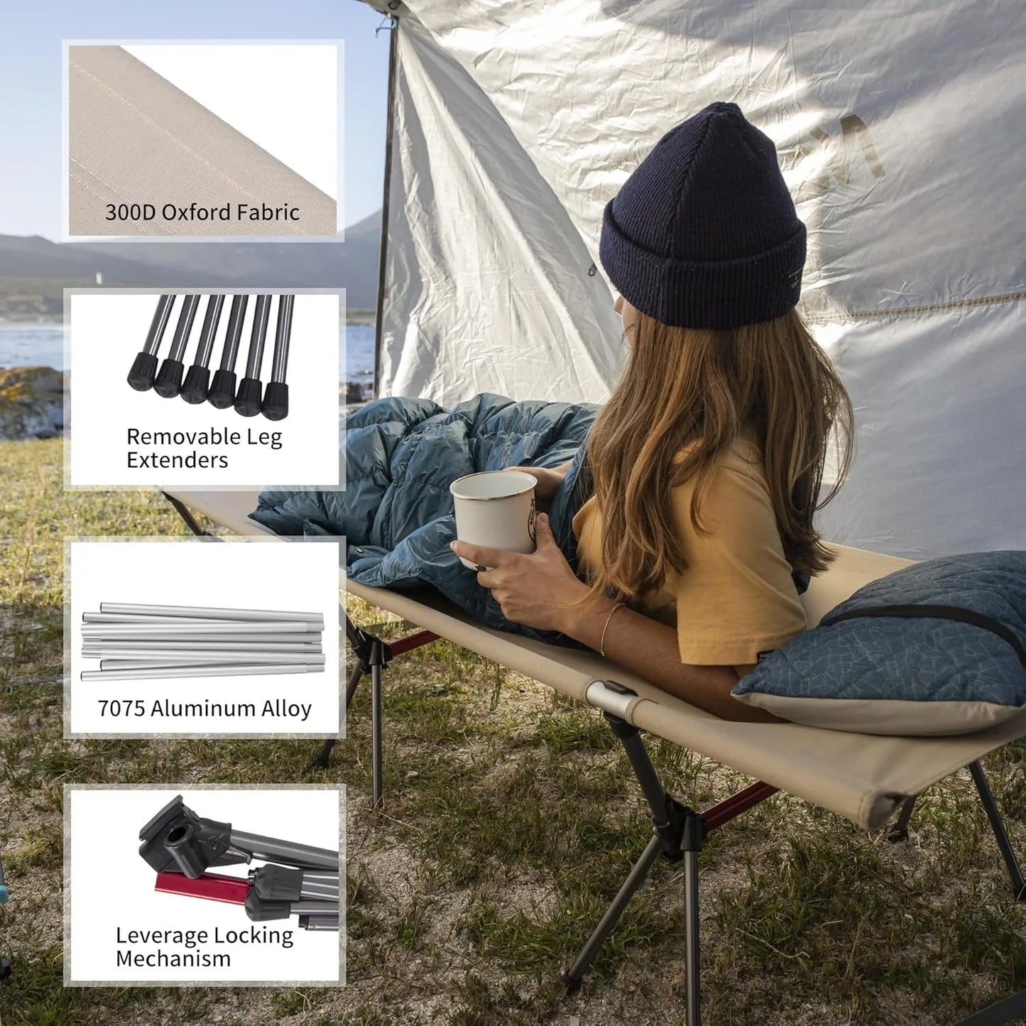 Folding Camping Cot Portable Height Adjustable Ultralight Backpacking Cot Tent Travel Outdoor Camp Single Bed
