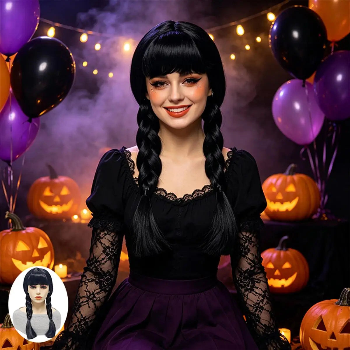 Black Synthetic Fiber Heat Resistant Low Shedding Cosplay Wig with Bangs Double Braids Side Long Hair Shiny Smooth Adjustable Cap for Women Girls Party Halloween Costume Role Play Stage Show Photo Shoot Daily Use