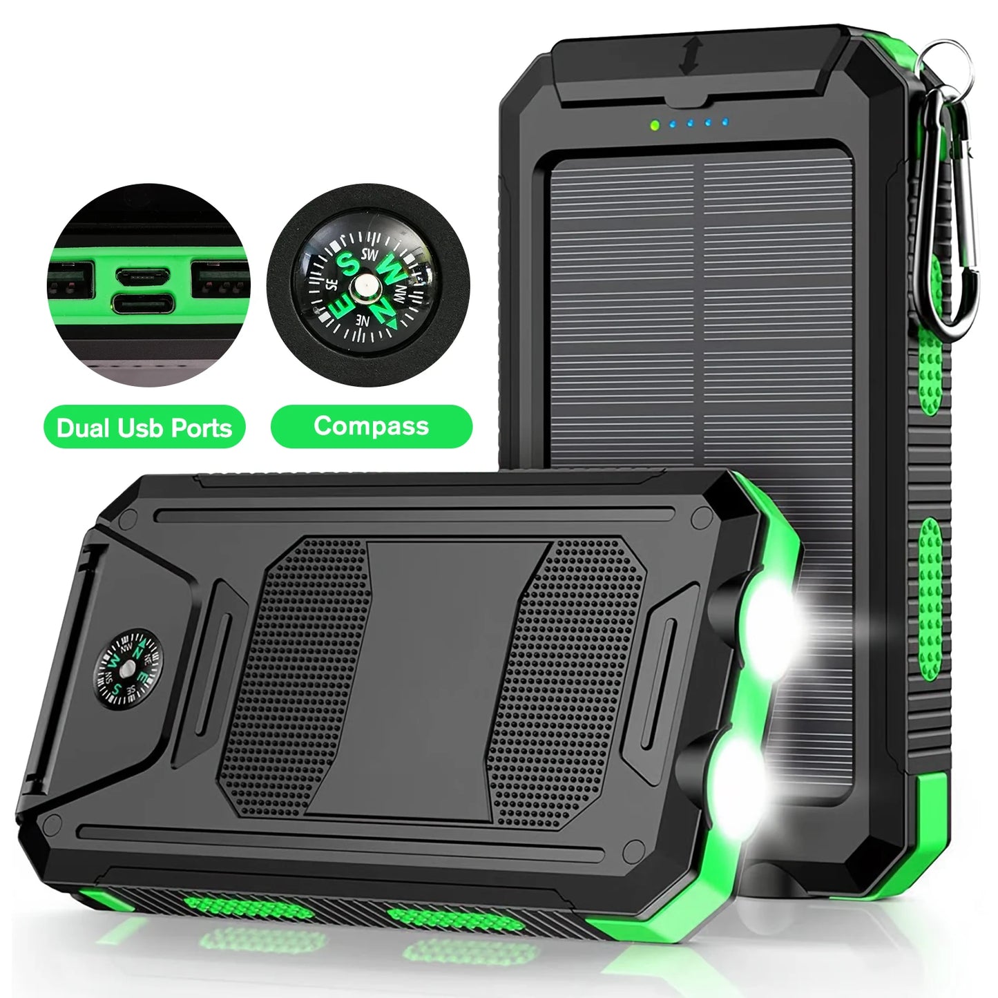 30000mAh Portable Solar Power Bank External Battery Waterproof Dual 5V 1A USB Ports LED Flashlight for iPhone Samsung Tablets