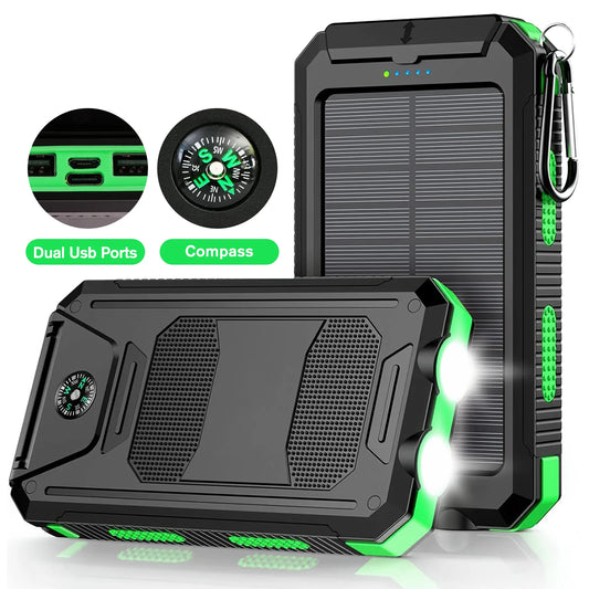 30000mAh Portable Solar Power Bank External Battery Waterproof Dual 5V 1A USB Ports LED Flashlight for iPhone Samsung Tablets