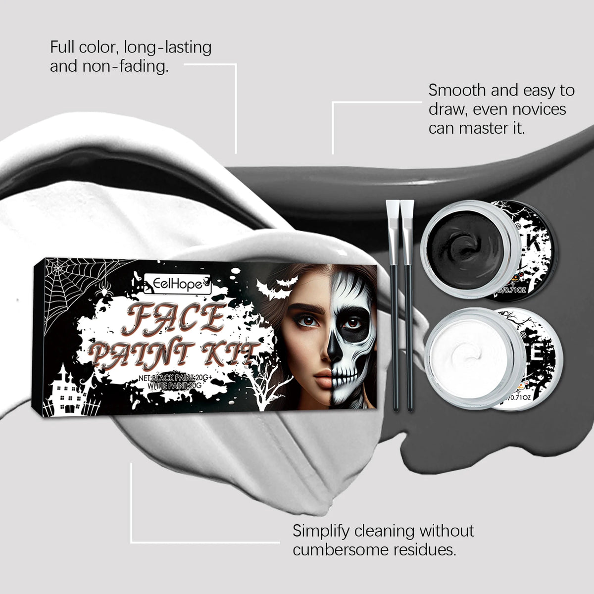 Eelhope Halloween Black White Body Paint Professional Face Body Art Makeup Smudge Proof Waterproof Body Paint for Costume Party