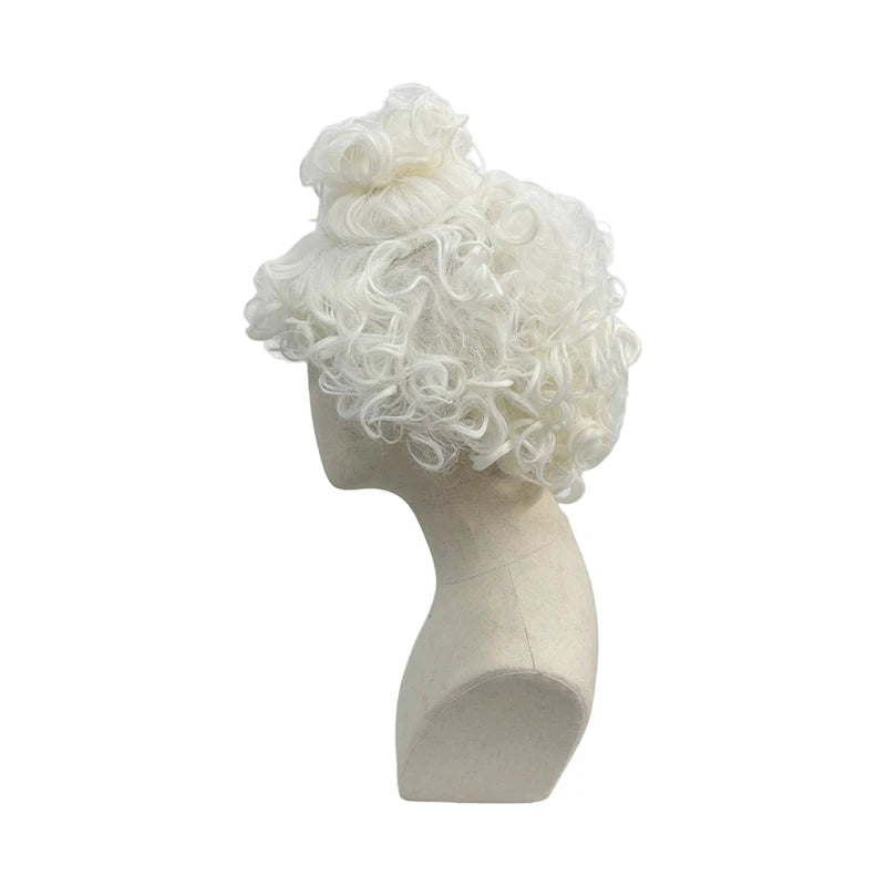 Pure White Premium Synthetic Fiber Rococo Baroque Wig Tight Curls Ringlets Fluffy Voluminous Updo with Top Bun Heat Resistant Adjustable Cap for Women Cosplay Party Halloween Costume Role Play Stage Show Photo Shoot