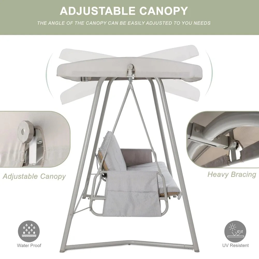 Extra-large Outdoor Porch Swing for 3-4 People, with Adjustable Backrest and Sunshade, 2-in-1 Swing Bed, Customizable