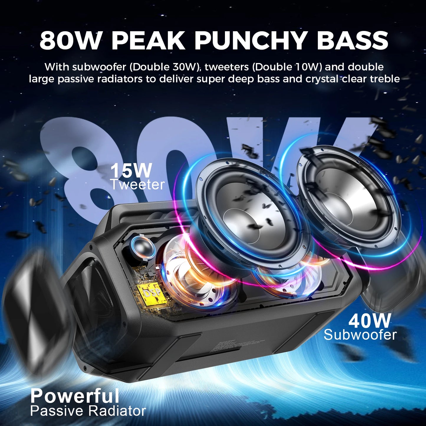 W-KING BT261-2 Bluetooth Wireless, 80W Portable Outdoor Speakers Loud with Bass Boost, Stereo Pairing, Reverse Charging, IPX6 Waterproof