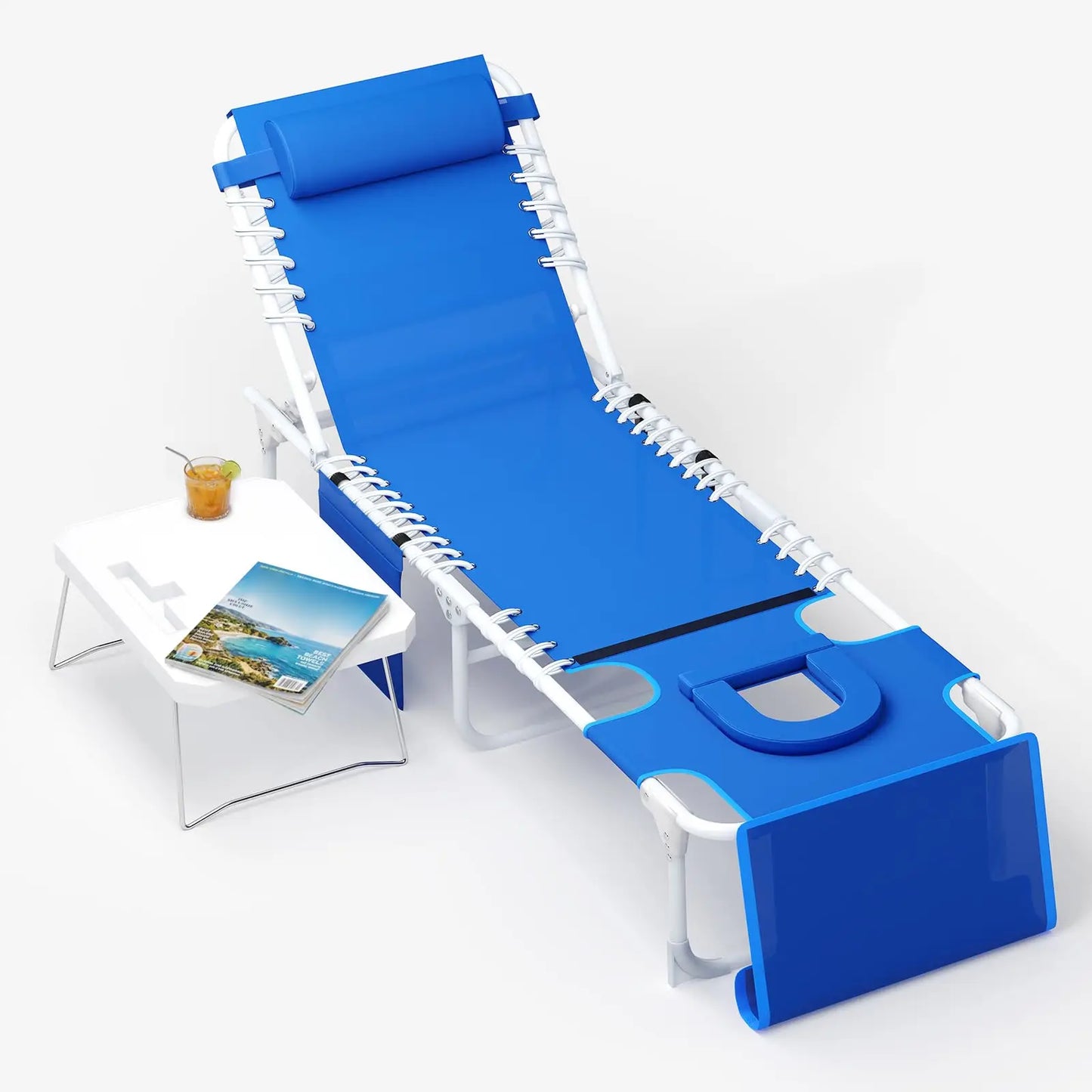 New Tanning Chair with Face Hole, 3-in-1 Outside Beach Lounge Chair with Folding Table, 5 Reclining Positions and Removable Pillow, for Beach, Pool, Patio, Garden -Max 330lbs (Blue)