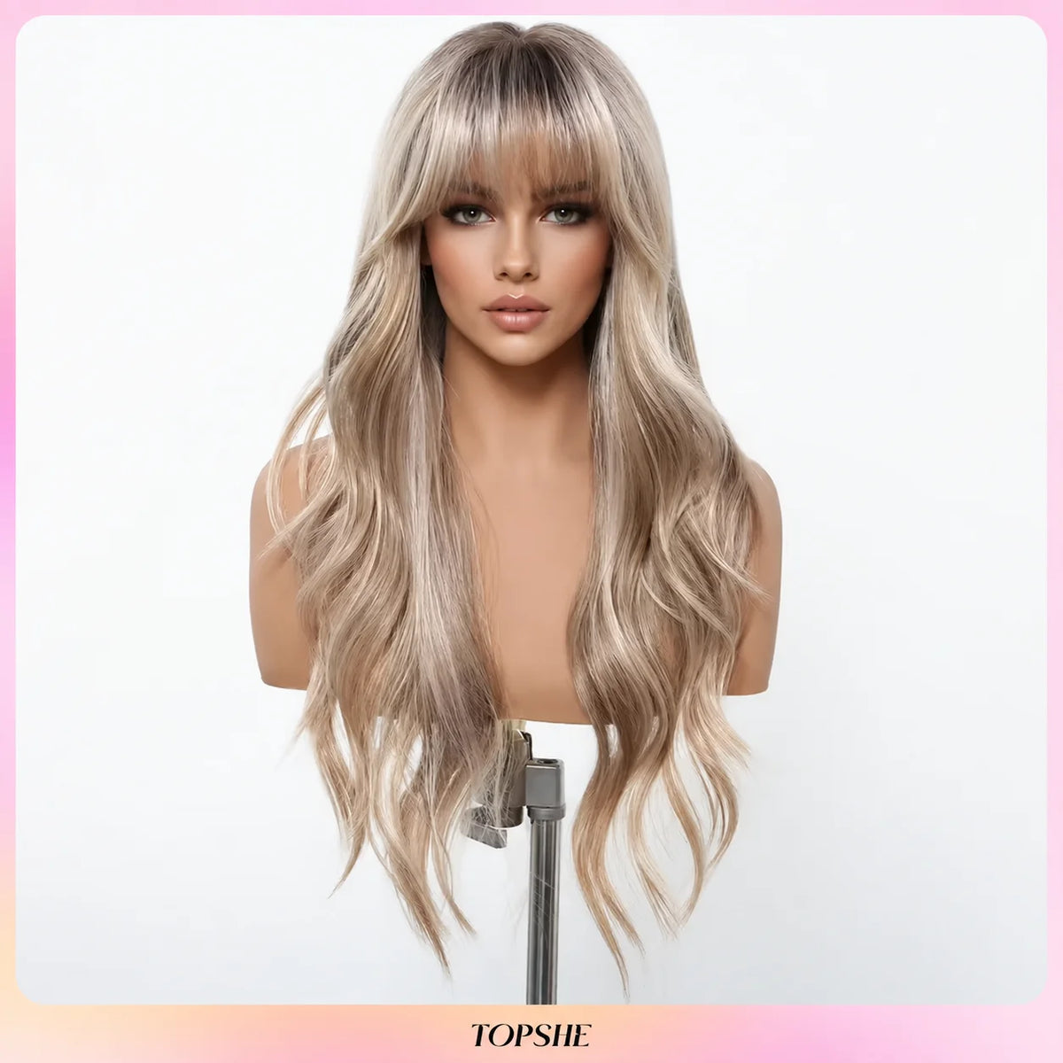 TOPSHE 24 Inch Long Wavy Synthetic Wig with Bangs Ombre Ash Blonde Highlight Dark Root Heat Resistant Fiber Hair Wigs for Women Girls Halloween Costume Party Daily Cosplay Natural Realistic Soft Silky Full Wig