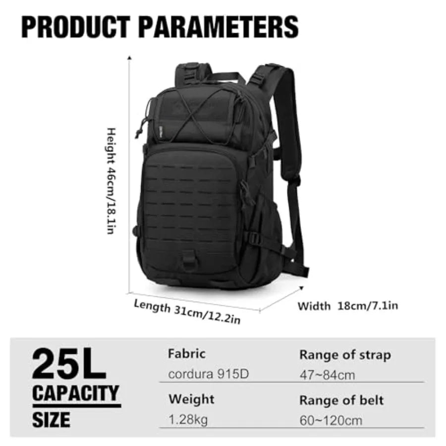 Small Military Tactical Backpack for Men 25L Molle Cordura Backpack for Hiking Camping Rucking Black Durable Lightweight