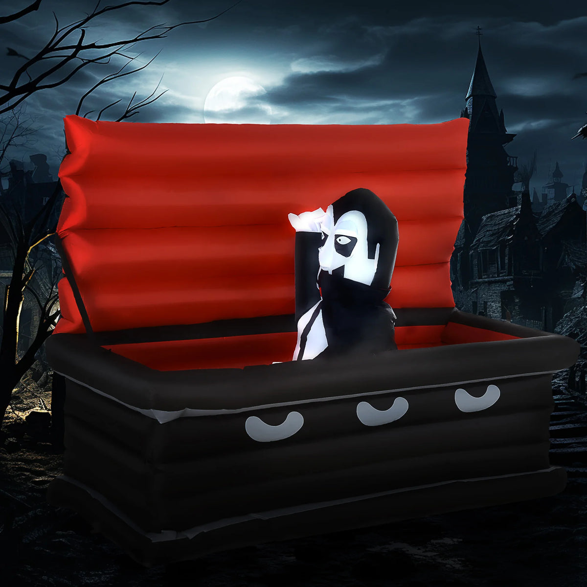 Homcom 70.75"W Inflatable Halloween Vampire Coffin Anchored Outdoor Display W/ Leds