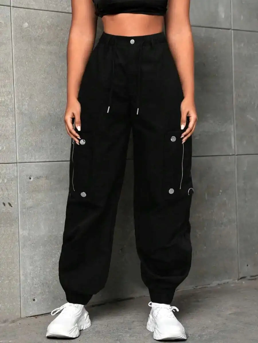 Plus Size Cargo Parachute Pants For Women, High Waist Baggy Fit Polyester Pants, Vibrant Red Streetwear Pants With Zipper