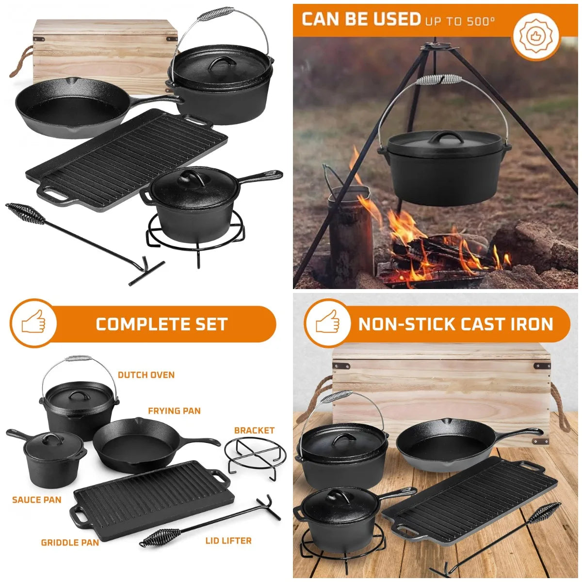 Camping Cooking Set Of 7. Pre Seasoned Cast Iron Pots And Pans Dutch Oven With Lids For Outdoor