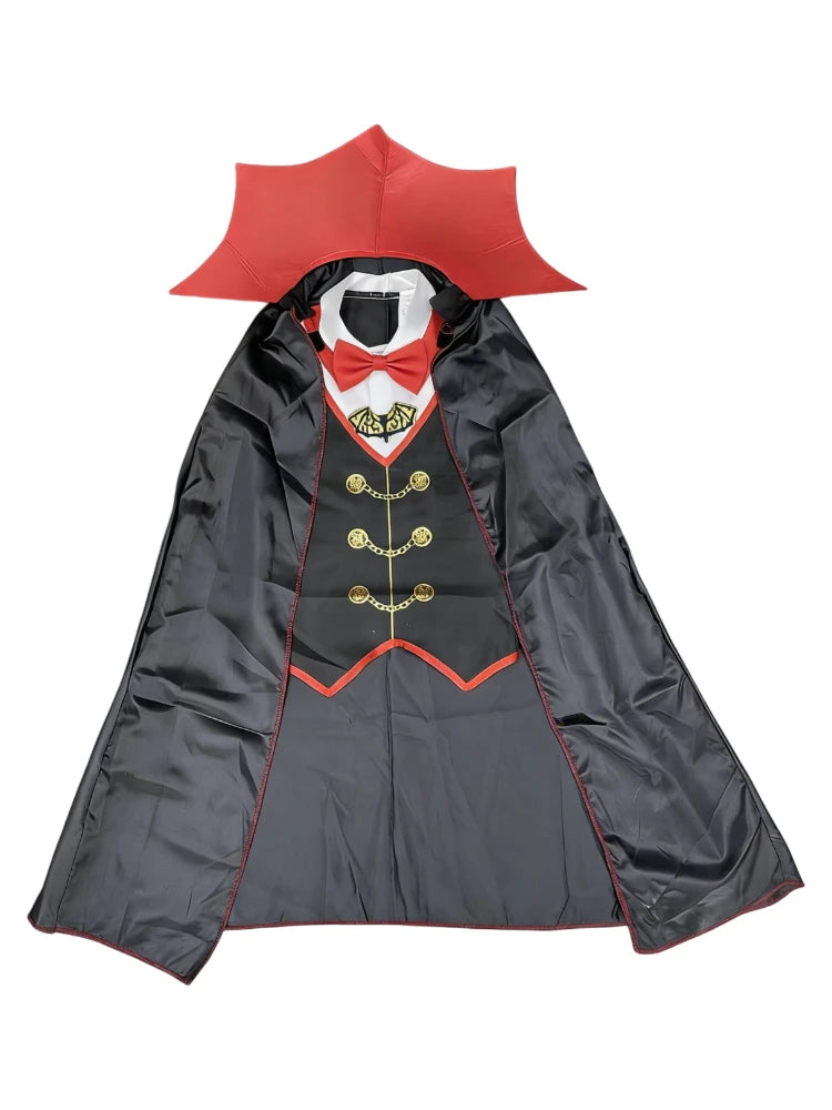 Boys gothic vampire full costume with pointed collar cloak, ornamental vest and matching pants, ideal for Halloween horror theme role play and carnival dressing up
