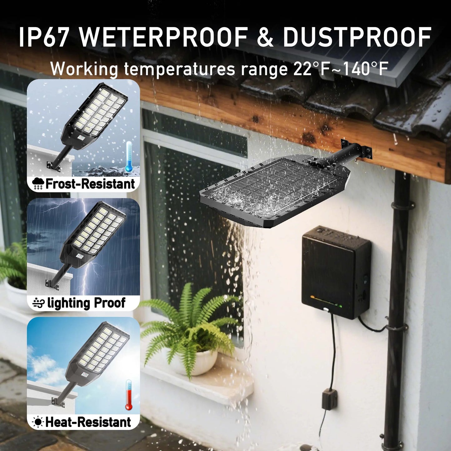 Solar Street Light Outdoor Motion Sensor Dusk to Dawn LED Security Flood Light Remote Control IP66 Waterproof for Parking Lot Garage Yard