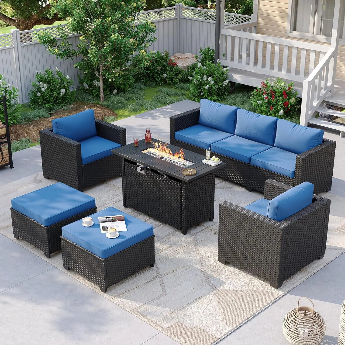 Patio Furniture Set with Fire Pit Table, 6 Piece Outdoor Furniture Set with Wicker Ottomans, Rattan Outdoor, Customized