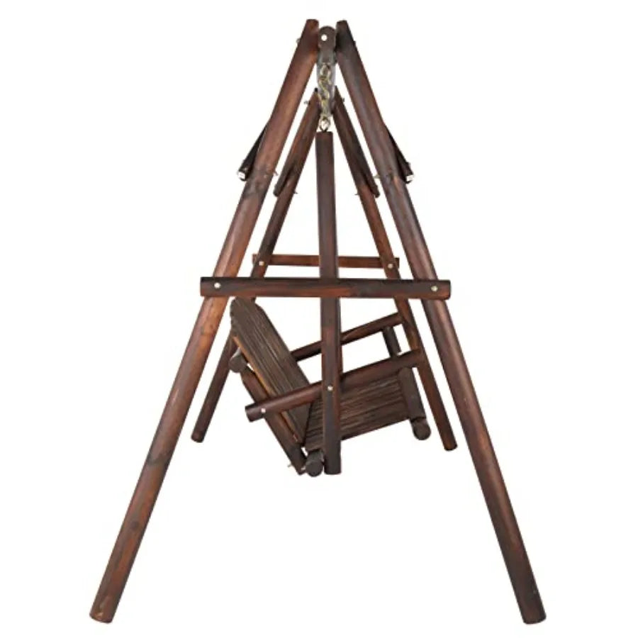 Patio Porch Swing Set 67in Wood Log Swing Stand with Bench Loveseat Stable A-Frame for Patio Backyard Deck Carbonized