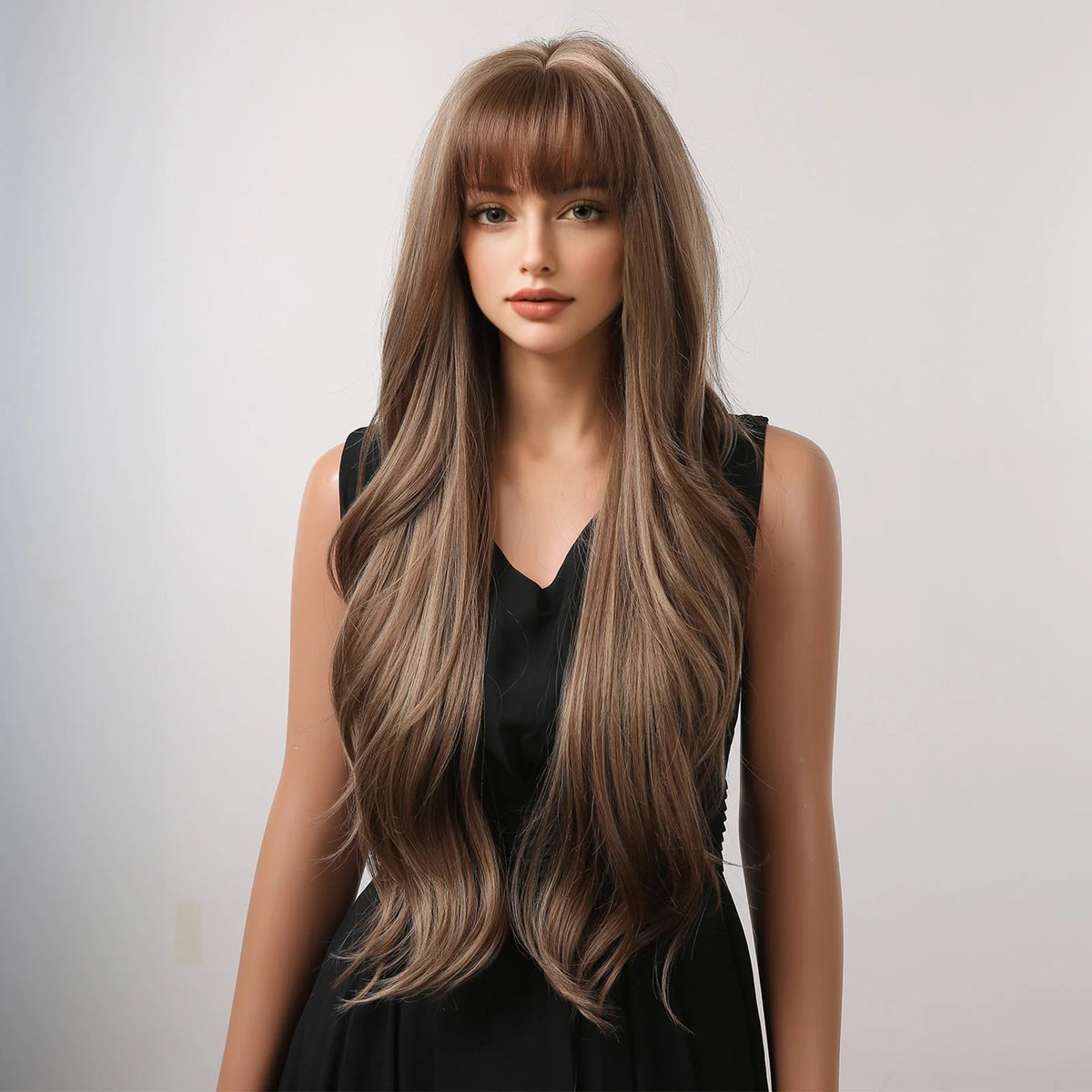 Halloween Wig TopShe Long Wave Wig with Bangs for Woman Brown Wig with Blonde Highlights Synthetic Wig Heat Resistant Loose Wave Daily Wear Natural Looking 28 Inch Ash Brown Layered Hair Soft Silky Natural Bio-Scalp Wigs