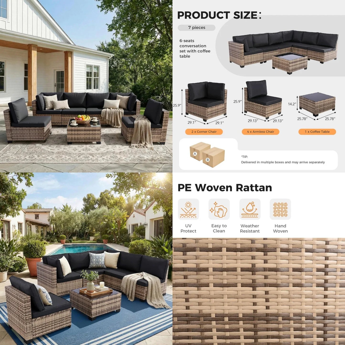 7 Piece Outdoor Wicker Patio Furniture Set, Rattan Sectional Sofa Conversation Set with Coffee Table & Cushions,