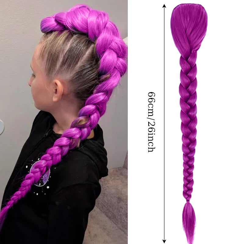 Synthetic Braided Purple Hair Ponytail Rumi Costume Hairstyle 26inch Long Ponytail with Clips for Kids Girls Halloween Christmas