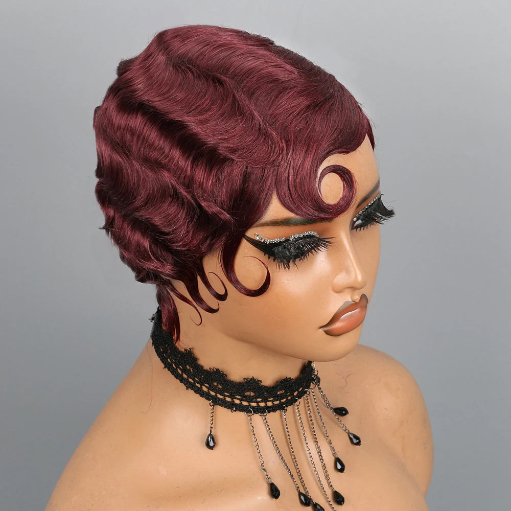 Finger Wave Wig Short Mommy Hair Curly Wigs for Black Women Lady Wig Cosplay Costume Halloween Party Pixie Cut Wig Human Hair