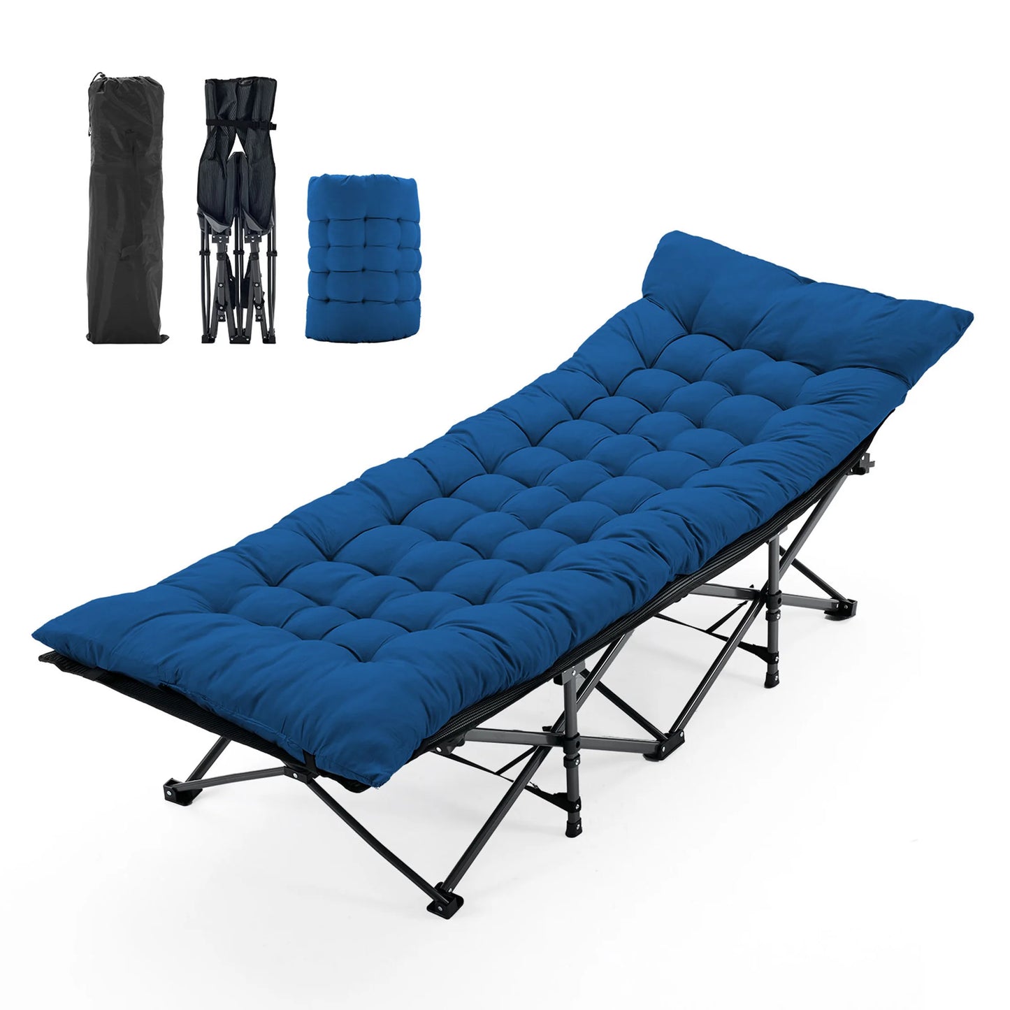 JHK Folding Camping Makeshift Bed Beach Lounge Chair Portable 3.5'' Cushion 440 lbs Sturdy Frame Compact Carry With Storage Bed for Outdoor Camping Hiking