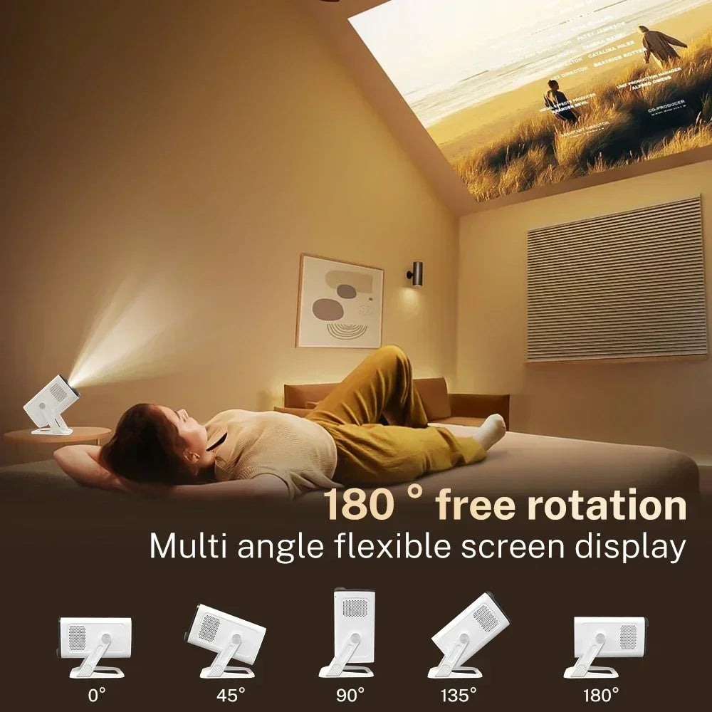 Mini Projector Wifi6 and BT5.4 Native 1080P, 4K Decoding Android 14 Auto Keystone 180° Flexible Portable Beamer for Home Theater