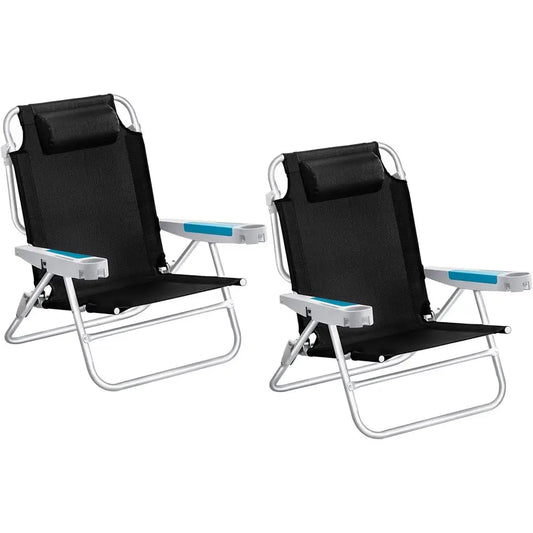 Portable Heavy-Duty Reclining Beach Chairs for Adults, 5 Positions, with Cup Holder, Suitable for Camping and Outdoors, Supports