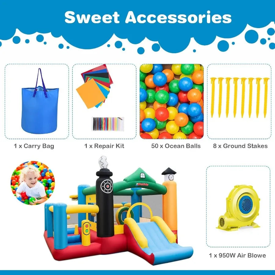 Inflatable Bounce House Train Theme Jumping Castle with Slide Ball Pit Basketball Rim for Indoor Outdoor Use Fun and Safe Inflatable