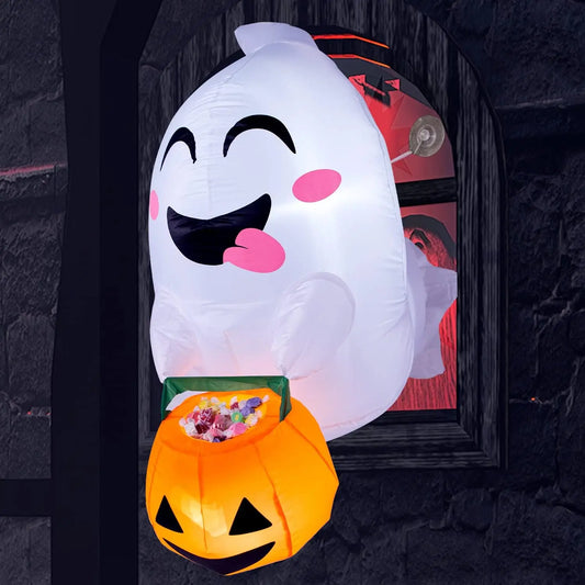 4.5 ft Tall Window Ghost  Halloween Inflatable Outdoor Decorations Blow Up Halloween Yard Decorations Inflatable Decor Blow Up Ghost with Candy Basket for Window Decor
