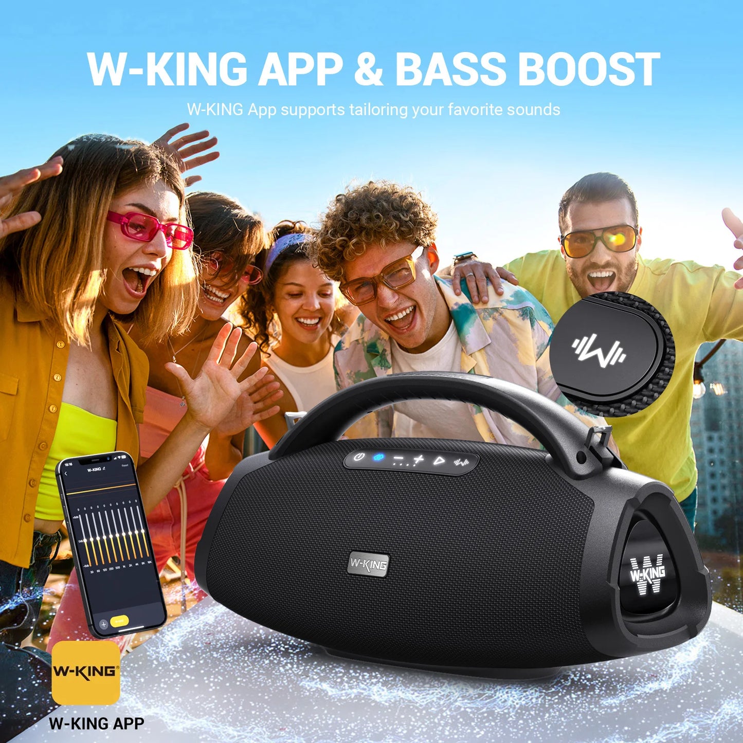 W-KING D20 Portable Bluetooth Speakers, 200W RMS Massive Bass Party Boombox IPX7 Waterproof Speaker Large, 300 Max Outdoor Speaker, BT5.4