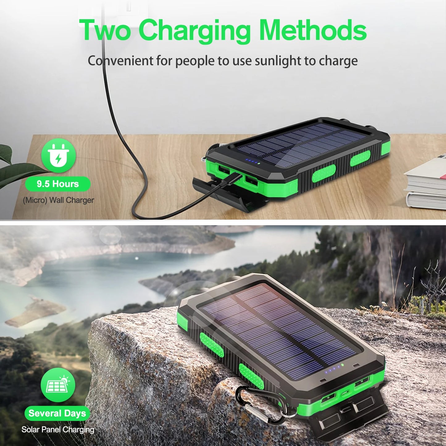 30000mAh Portable Solar Power Bank External Battery Waterproof Dual 5V 1A USB Ports LED Flashlight for iPhone Samsung Tablets