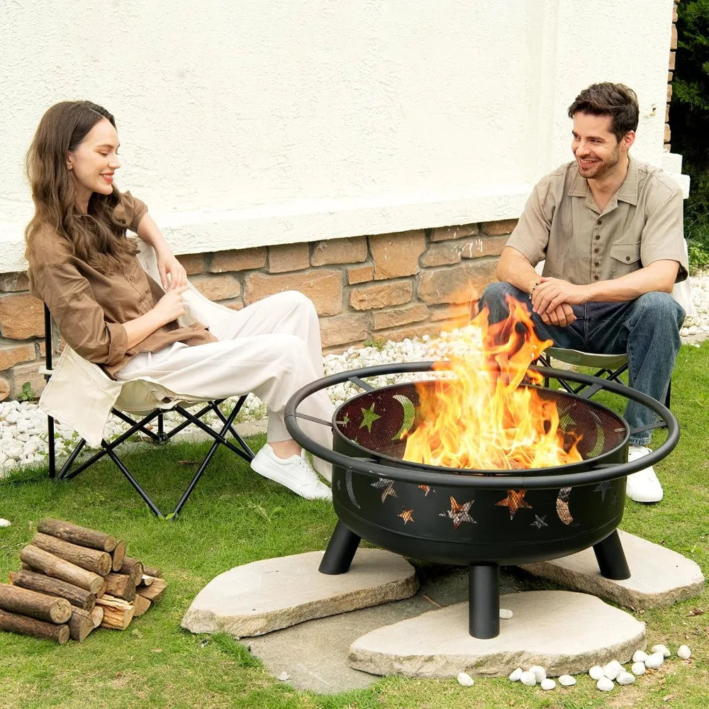 32 Inch Round Fire Pit with Mesh Cover, Fire Poker, Star and Moon Design, Metal Wood Burning Outdoor Firepit for Patio