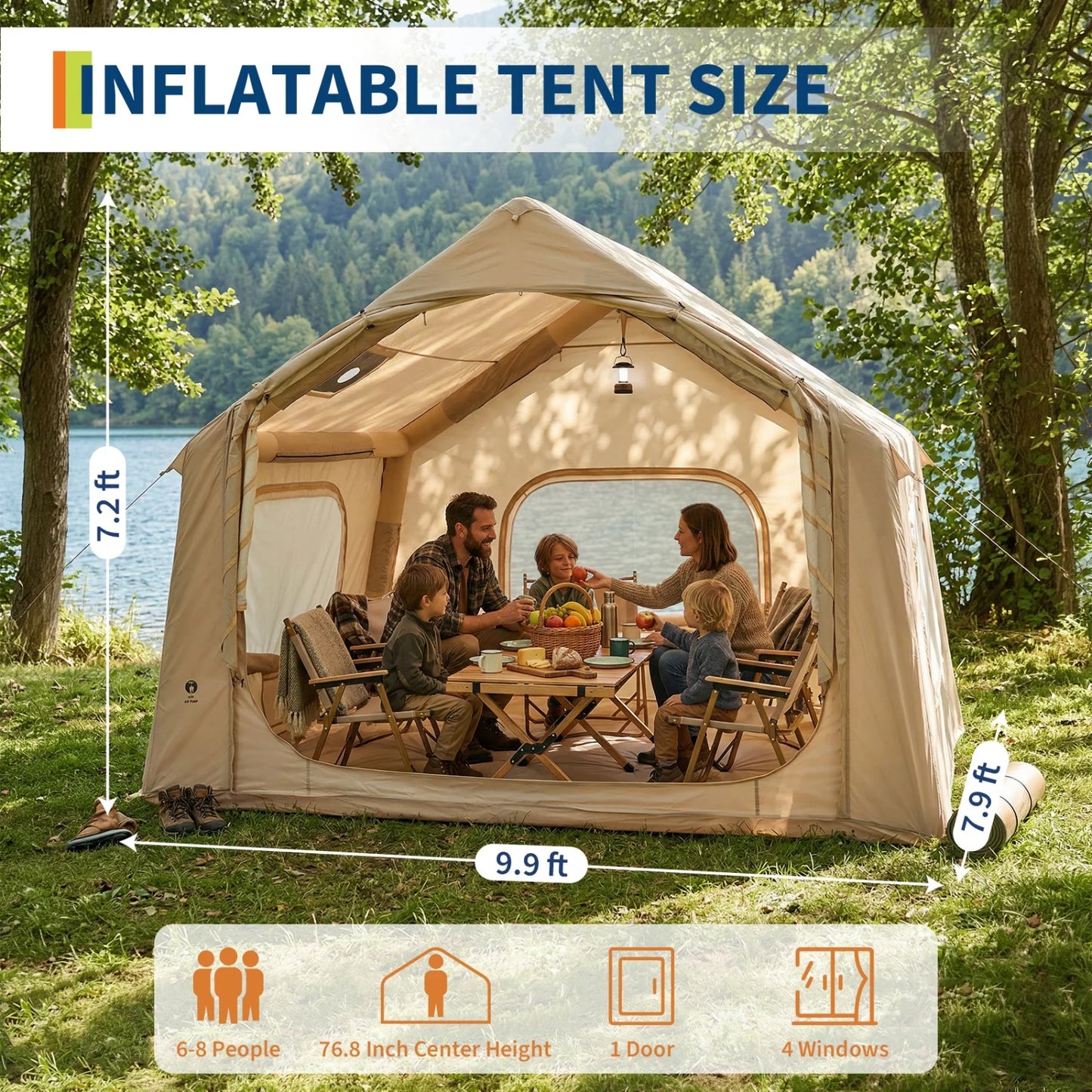 Large Inflatable Camping Tent for 4-6 Adults - 8 Square Outdoor Shelter with Hand Pump - Quick Setup, Weather-Resistant
