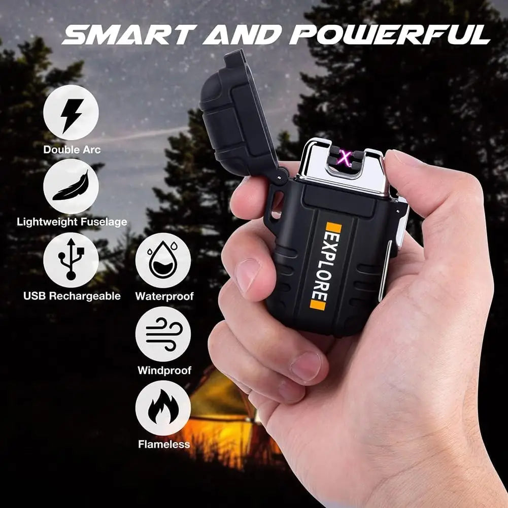Windproof USB Rechargeable Plasma Lighter, Waterproof Flameless for Camping Hiking Survival Gifts