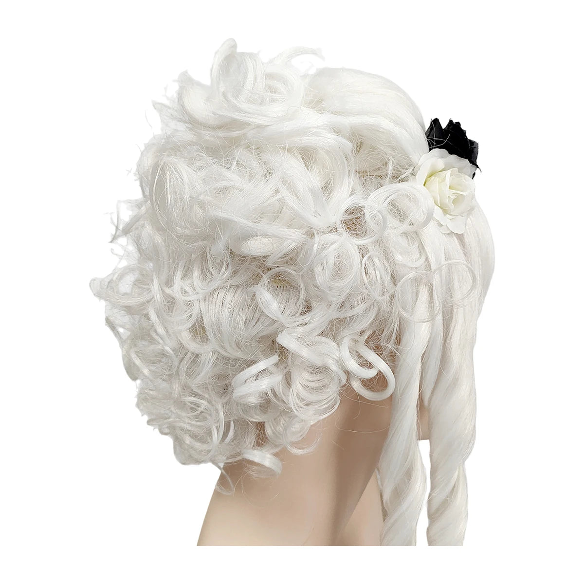White Premium Synthetic Fiber Curly Wig with Bangs Spiral Curls Side Braids Fluffy Voluminous Updo with Pearl Flower Headband Black White Rose Accessories Lolita Gothic Style Adjustable Cap for Women Girls Cosplay Party Hallo
