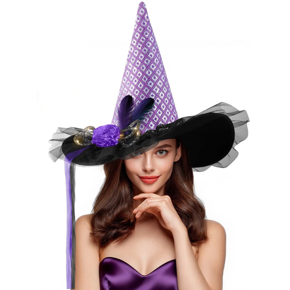 Women Halloween Witch Hat, 6 Styles Black Orange Purple Pointed Witch Hats with Spider Web Lace, Flower, Feather and LED Light Decor, Halloween Party Cosplay Costume Accessory