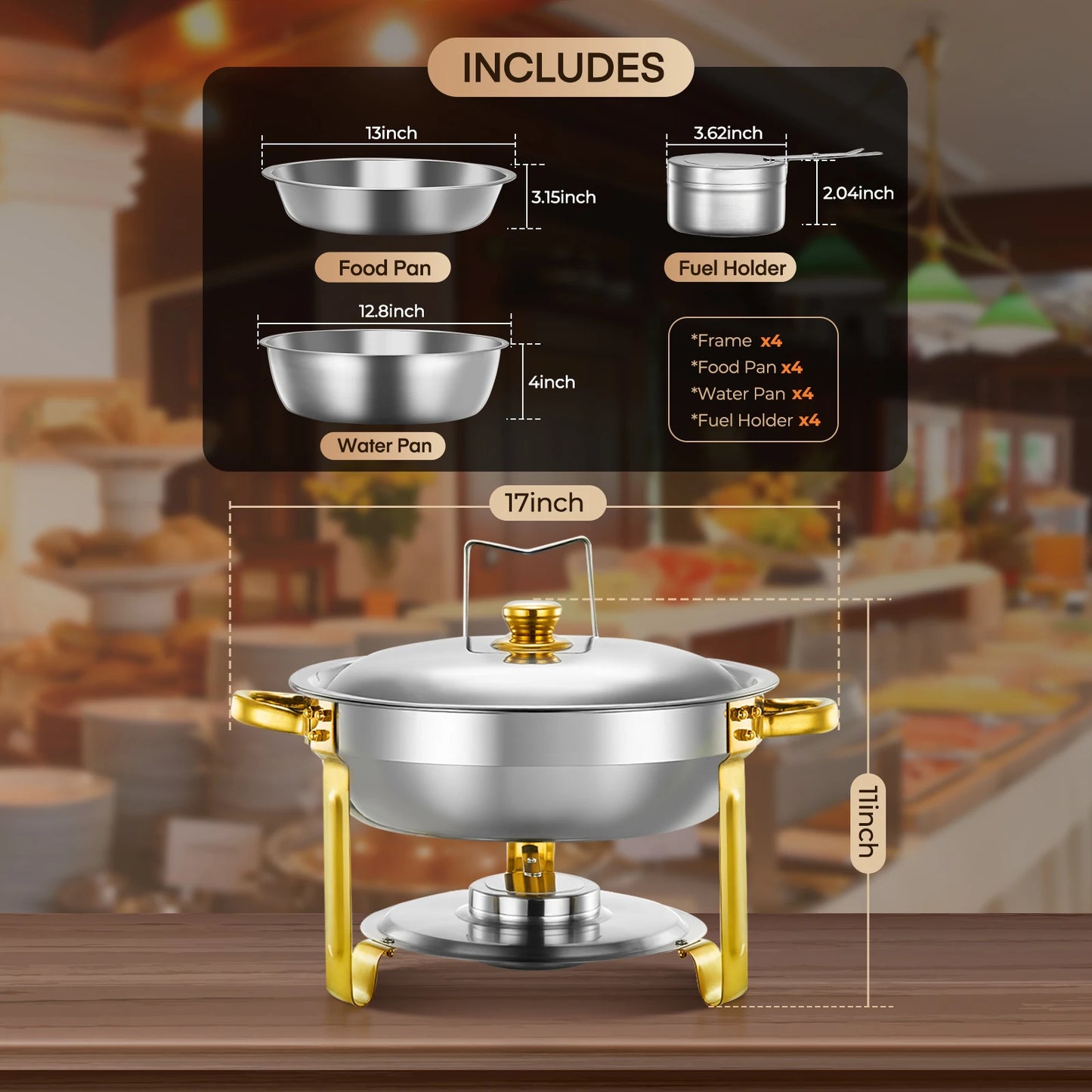 Chafing Dish Buffet Set 4Pack, 6QT Round Stainless Steel with Gold & Silver Accent | 4 Food Pans & Lids, Heating and Cooling Servers, Warmers for Parties Wedding Catering Banquets Family Gatherings