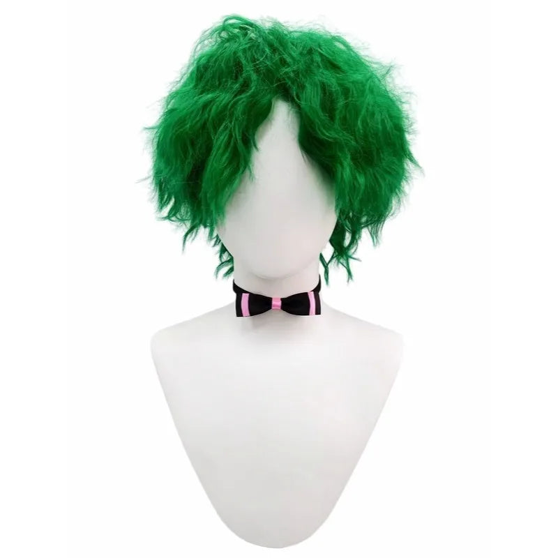 Bright Green Premium Synthetic Fiber Short Curly Wig Shaggy Fluffy Messy Layered Wolf Cut Hair with Bow Tie Choker Collar Accessories Heat Resistant Adjustable Cap for Women Girls Cosplay Party Halloween Costume Role Play Sta