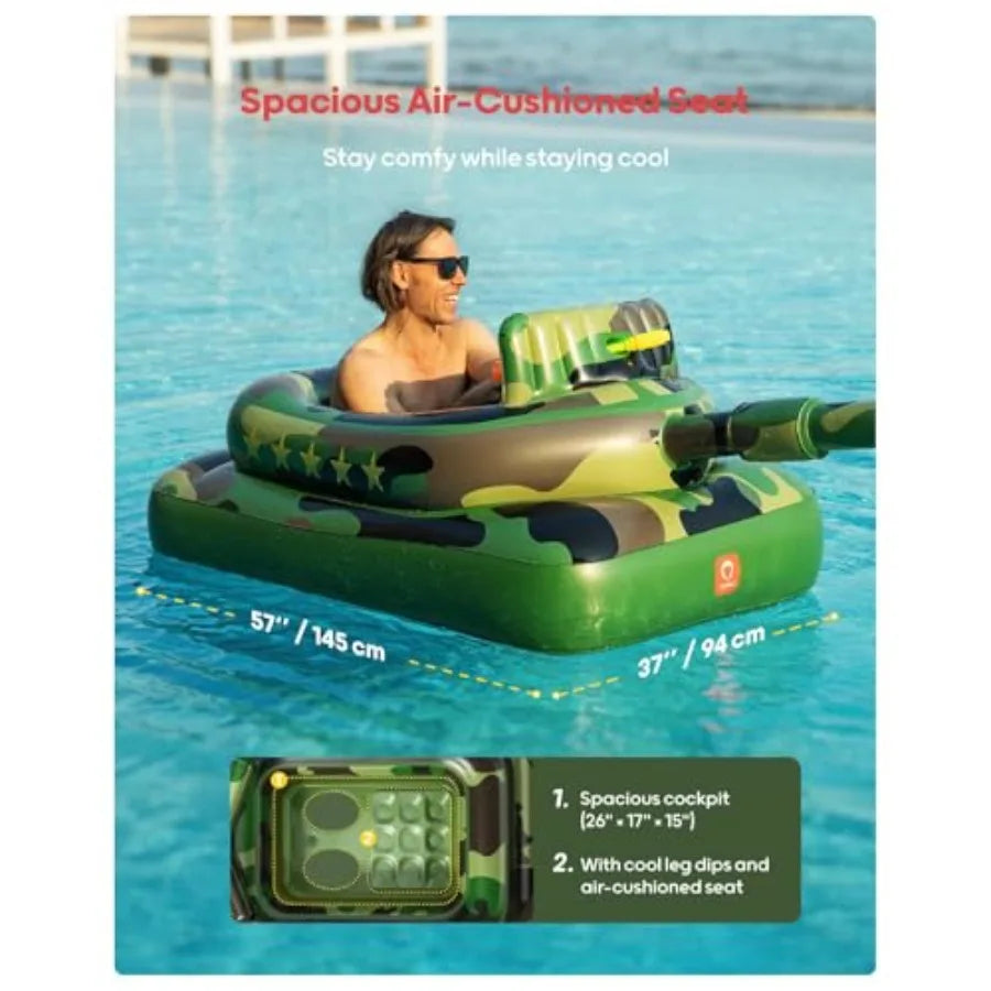 Inflatable Tank Pool Float for Adults and Ride-On Camouflage Floaty with Water Cannon Swim Raft Toy for Boys Girls Lake Beach B