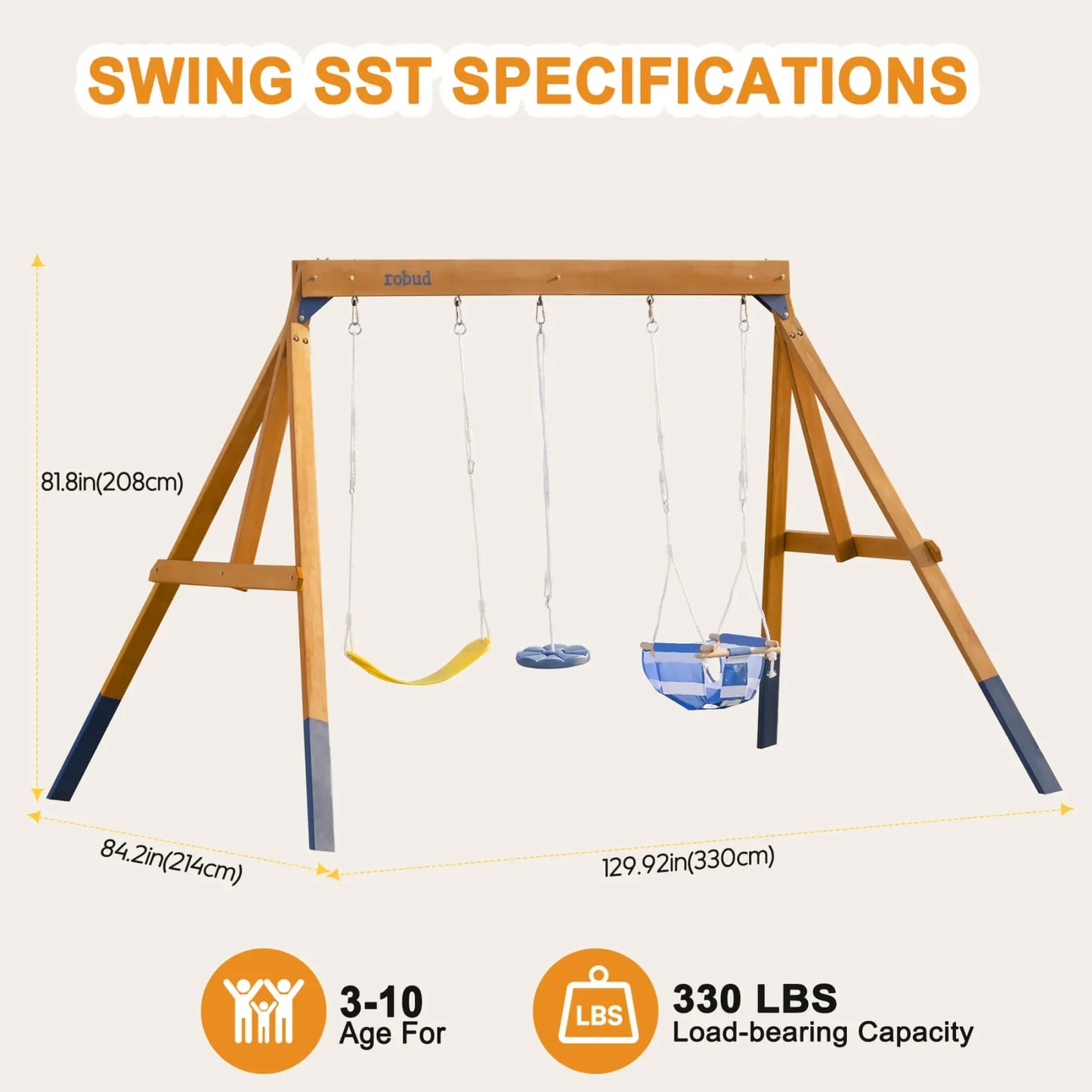 Robotime Robud 3-in-1 Playground Wooden Swing Sets for Backyard DIY Swing Sets with Tree Swing and 2 Toddler Swings for Ages 3+