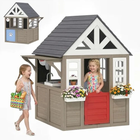 Outdoor Playhouse Wooden Playhouse with Dog Door Flower Box Gray Backyard Garden, Indoor Playroom, Imaginative Play, Ages 2+, D